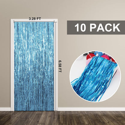 Skiennix Foil Curtain Backdrop - 10 Pack Blue Metallic Tinsel Fringe for Parties & Celebrations