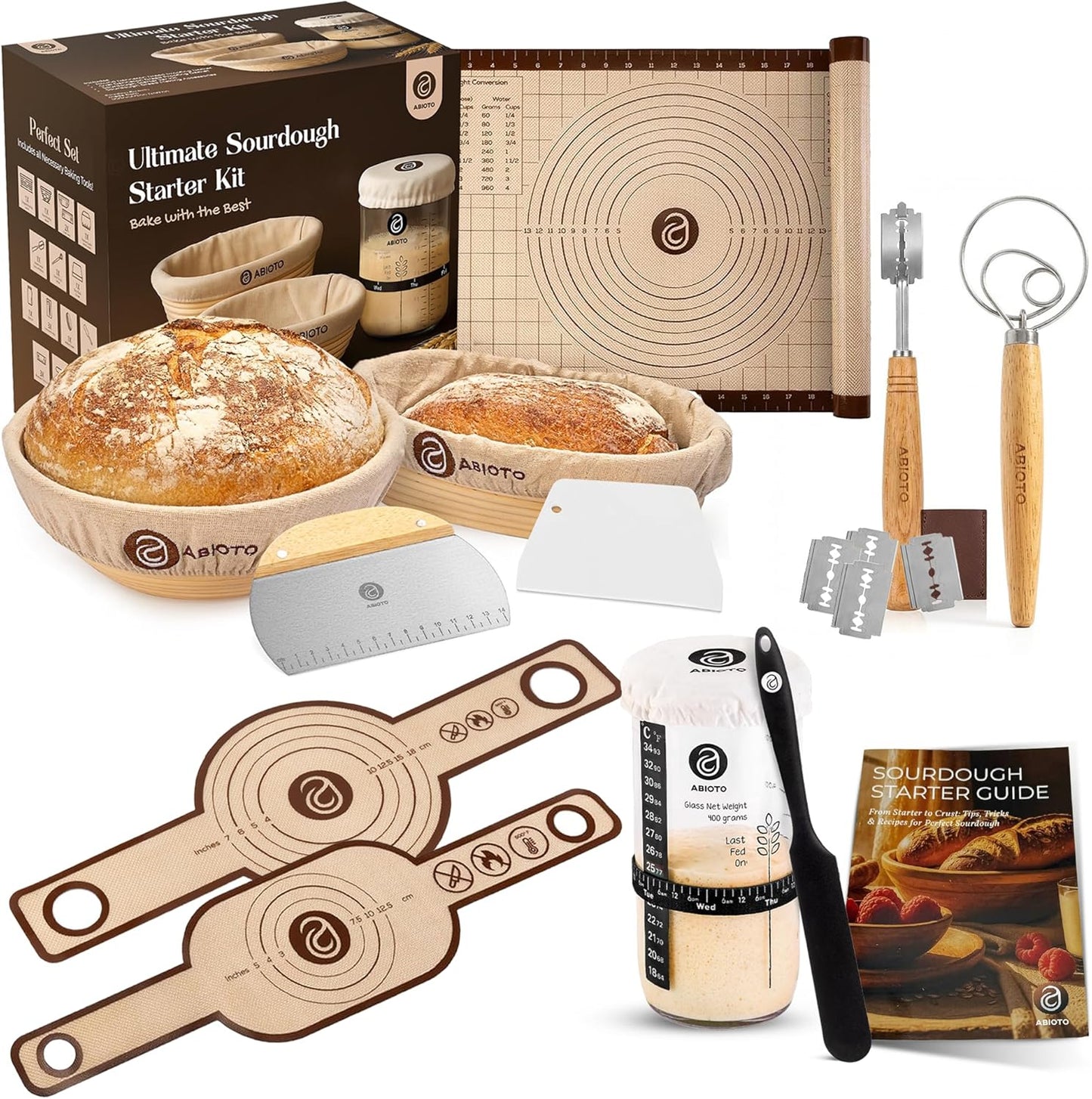 Skiennix Sourdough Starter Kit - 21 Piece Baking Supplies with 24oz Starter Jar & Rattan Baskets