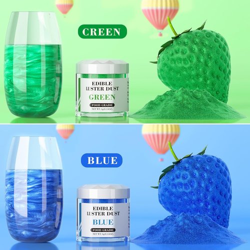 Cherrysea Luster Dust Edible Set - Food Grade Shimmer Powder for Cakes & Cocktails | 4g Bottles - Blue & Green