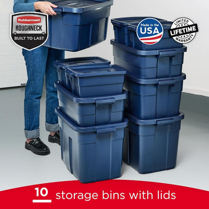 Rubbermaid Roughneck Tote - Durable Dark Indigo Metallic Storage Tote with Lid & Handles | Pack of 10