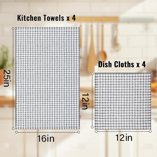 Homaxy Kitchen Towels Set - Super Soft & Absorbent Cotton Dishcloths | 16x25 & 12x12 Inches, 8-Pack in Black, Grey, Yellow, Green