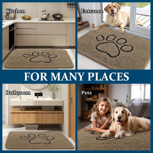 OLANLY Dog Door Mat for Muddy Paws 47x24, Paw Print Design, Absorbs Moisture and Dirt, Absorbent Non-Slip Washable Doormat, Quick Dry Chenille Mud Mat for Dogs, Entry Indoor Entryway Carpet, Tan