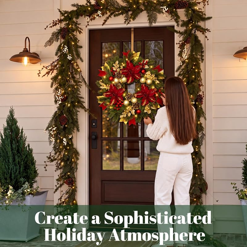Red 24-Inch Christmas Wreath with Lights & Poinsettias - Pre-Lit