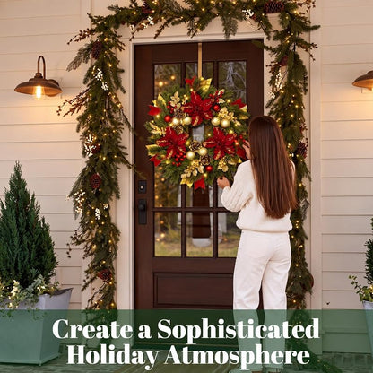 Red 24-Inch Christmas Wreath with Lights & Poinsettias - Pre-Lit