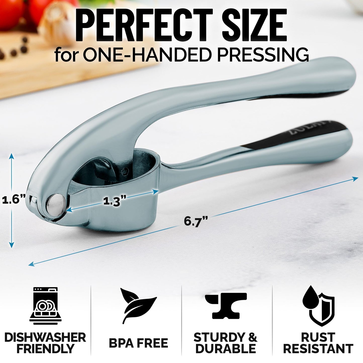 Zulay Kitchen Premium Garlic Press Set - Rust Proof & Dishwasher Safe Professional Garlic Mincer Tool - Easy-Squeeze, Easy-Clean with Soft, Ergonomic Handle - Silicone Garlic Peeler & Brush (Slate)