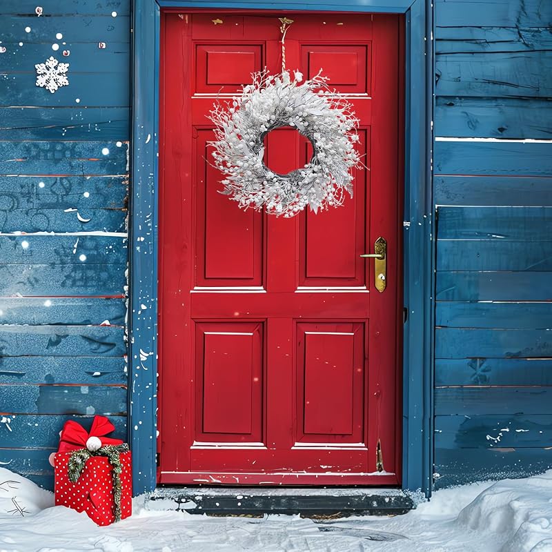 20 Inch Snow Flocked Wreath with White Berries, Leaves & Twigs - Front Door & Outdoor Decor (Variation: 20"-flocked berries)