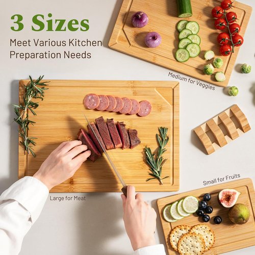 Kikcoin Bamboo Cutting Boards - 3-Piece Kitchen Set with Non-Slip Feet & Juice Grooves | Knife-Friendly Design