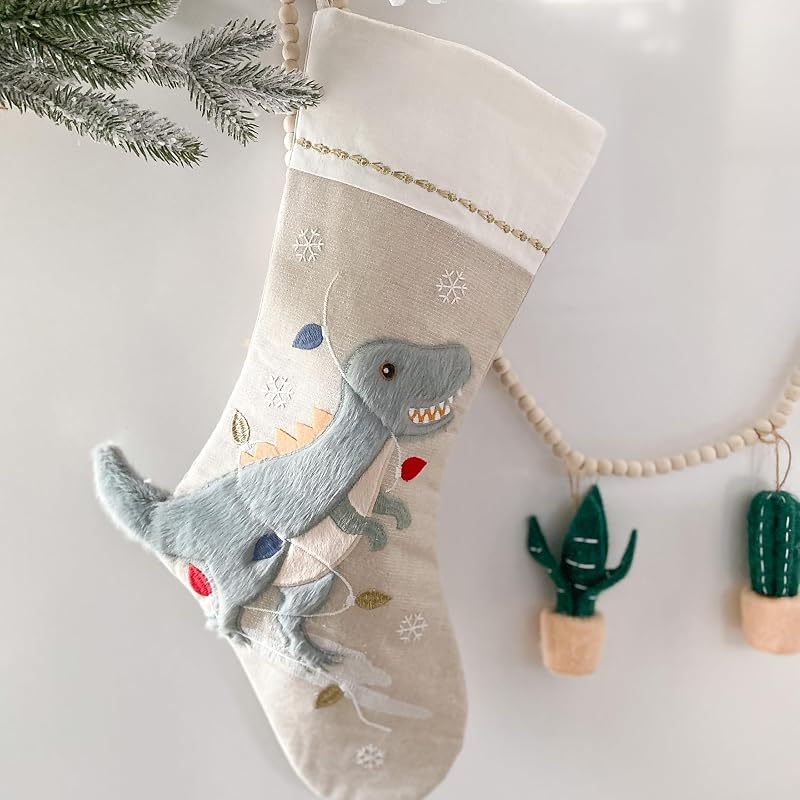 Dino Festive Christmas Stocking 21-Inch Linen Mantel Decor - Mon Ami Dino Variation