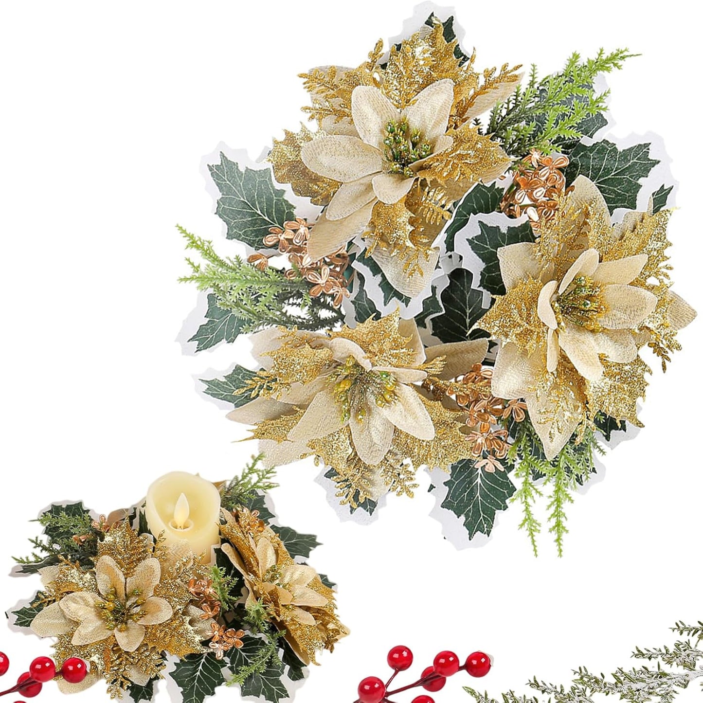 Regine Switzerland Christmas Candle Wreath - Gold Glitter Poinsettia Flower Garland | Holiday Decor