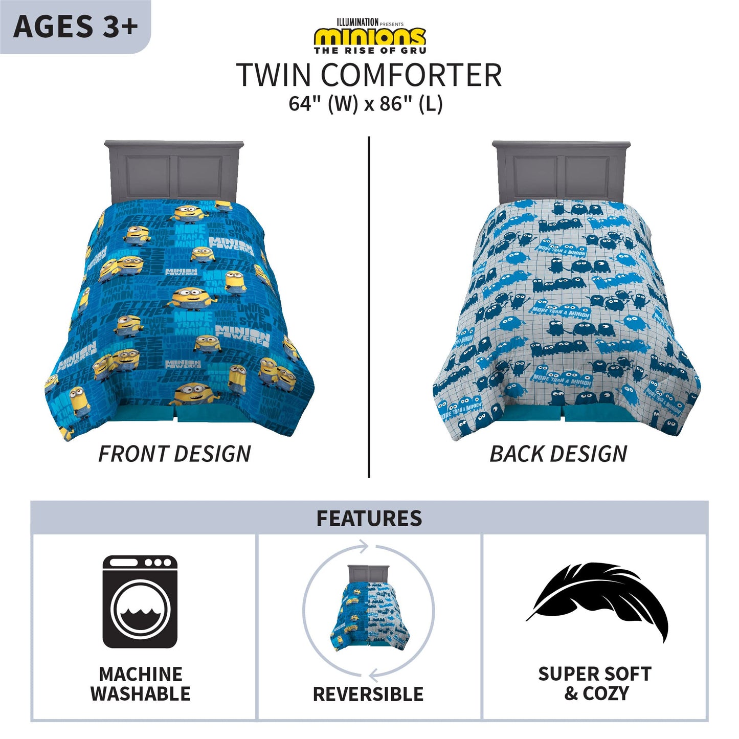 Minions: The Rise Of Gru, Kids Bedding Soft Microfiber Comforter, Twin, By Franco