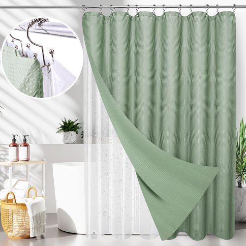 LaCyan 3 in 1 Waterproof Waffle Weave Shower Curtain and Clear Liner Set with 12 Stainless Steel Hooks Double Sided for Bathroom 72 Inches Heavy Duty Polyester Fabric Shower Curtains 72x72