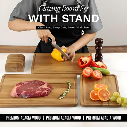 Sango Acacia Cutting Board Set - 3-Piece Wood Chopping Boards with Juice Grooves & Stand | Non-Toxic & Reversible