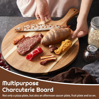 Sliner 6 Pcs Acacia Wood Cutting Board Bulk 0.6 Inch Thick Round Charcuterie Board with Handle Large Wooden Chopping Paddle for Cutting Pizza Cheese Meat Fruit(12 x 16 Inch)