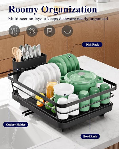 Kitsure Dish Drying Rack - Stainless Steel Kitchen Sink Organizer with Cutlery Holder | 12"W x 15.5"L, Black