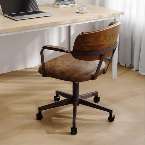 BFZ Mid Century Modern Home Office Chair, Faux Leather Rolling Swivel Desk Chair with Walnut Back, Adjustable Height Computer Task Armrests Chair for Home Office, Brown