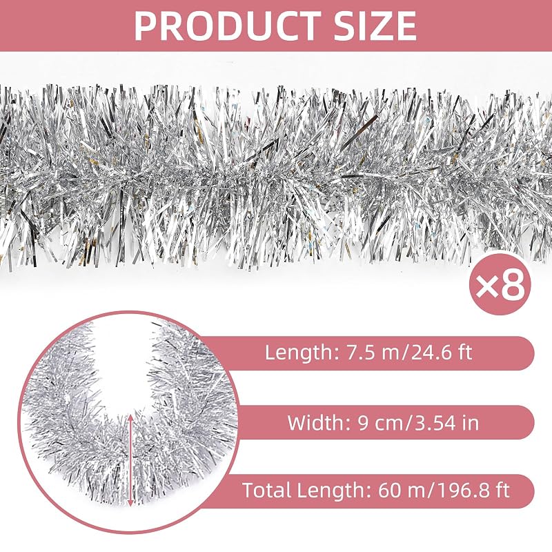 Ohiyoo 200 ft Silver Tinsel Garland Wall Hanging Streamers for Christmas Party Decoration - 8 x 24.6 ft