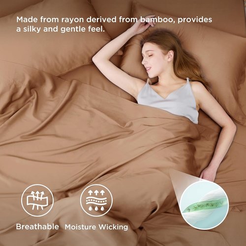 Bedsure Cooling Bed Sheets - Rayon from Bamboo, Breathable & Soft | Full Size, Deep Pocket Up to 16 Inches, Khaki