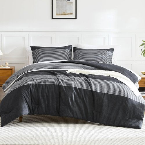 Litanika Queen Comforter Set - Lightweight Black, White & Grey 3-Piece Down Alternative Bedding