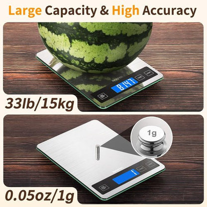 Digital Kitchen Scale by [Brand Name] - 33lb Stainless Steel & Tempered Glass, USB Rechargeable, Precise 1g Weighing