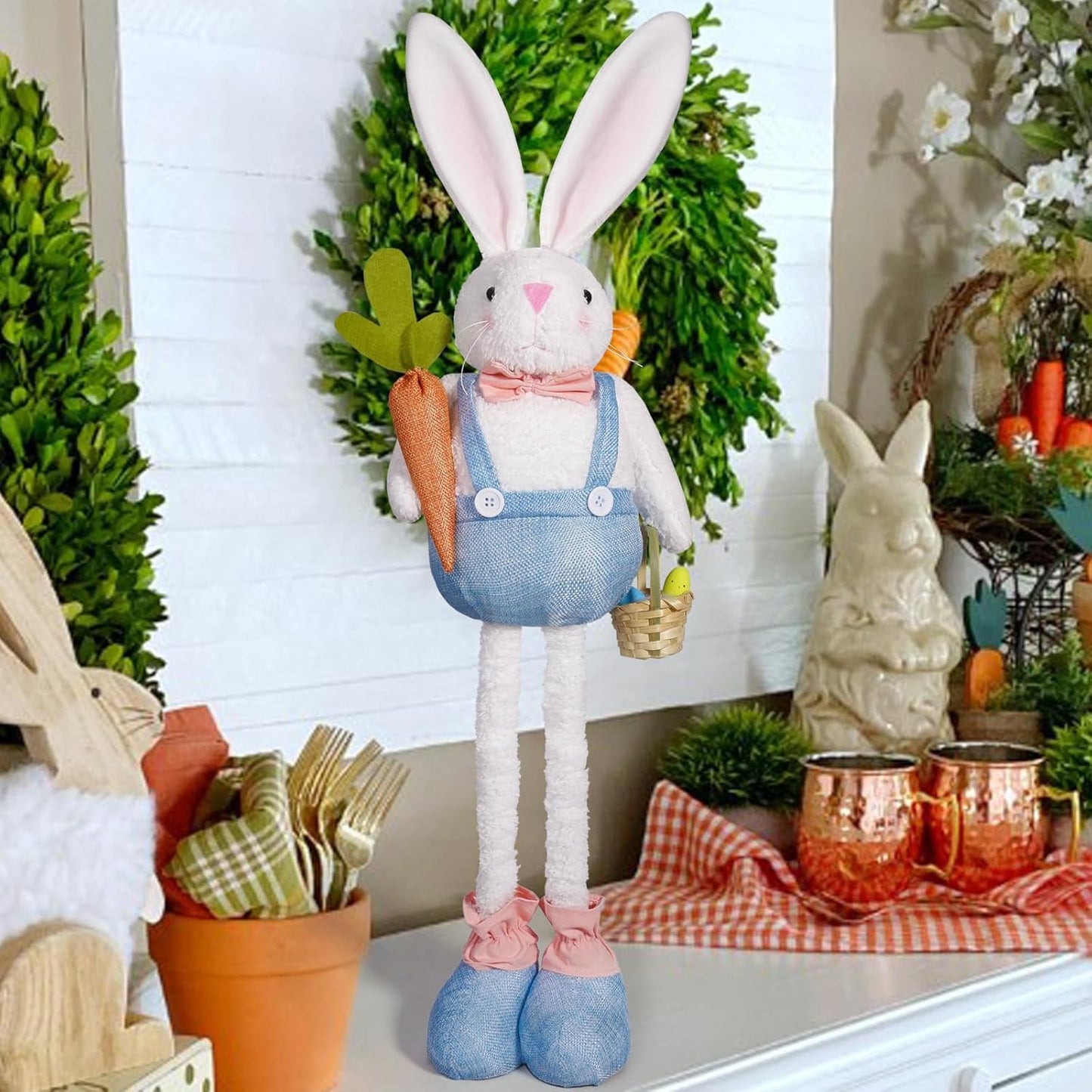 Skiennix Spring Bunny Figurine - 30-Inch Plush Rabbit Doll with Telescopic Legs | Holiday Tabletop Decor