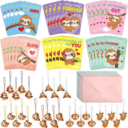Fancy Land 30-Pack Sloth Valentine's Day Cards - Fun Gift Set with Keychains for Kids