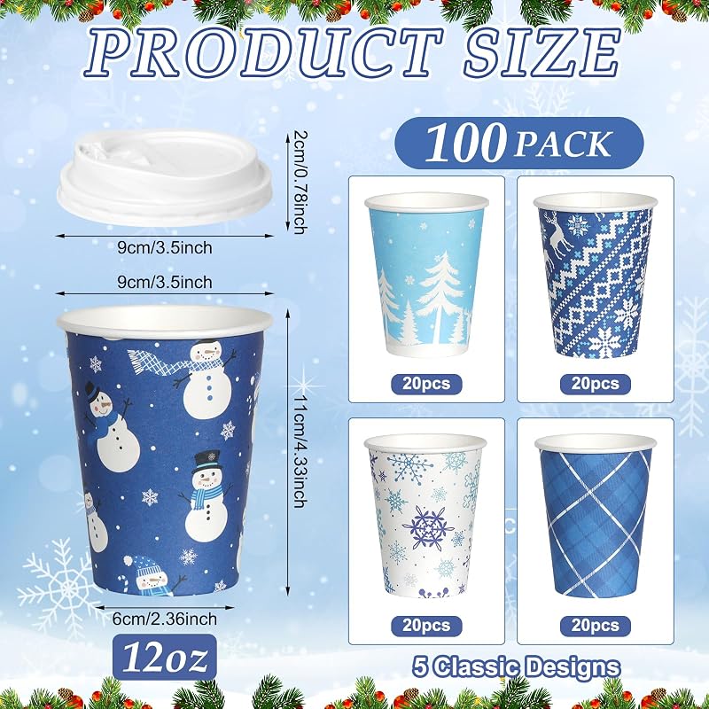 Blue Winter 12oz Christmas Coffee Cups with Lids - 100 Pack, 5 Styles