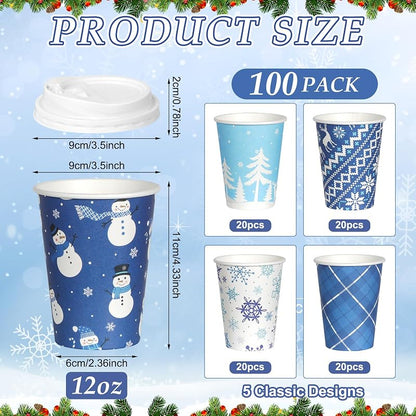 Blue Winter 12oz Christmas Coffee Cups with Lids - 100 Pack, 5 Styles