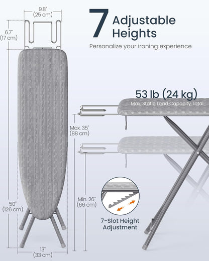 SONGMICS Ironing Board - Foldable & Height Adjustable Up to 35 Inches | 4-Layer Cover & Iron Rest - Dove Gray