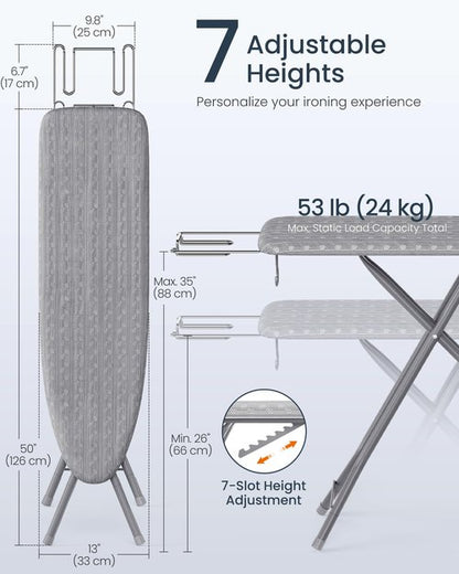 SONGMICS Ironing Board, Foldable Iron Board, Height Adjustable up to 35 Inches, with 4 Layered Cover and Pad, Iron Rest, Hook, Steel X-Legs, for Home, Laundry Room, Dorm, Dove Gray ULLB001G01