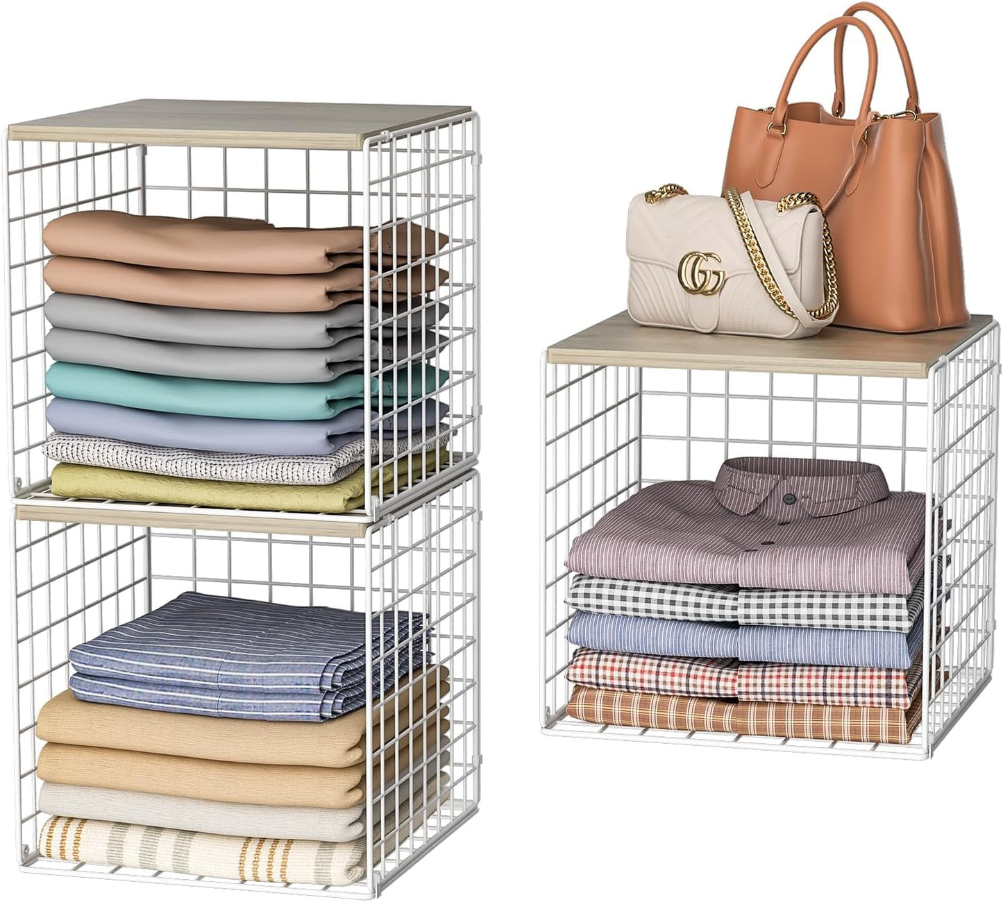 Skiennix Stackable Closet Organizers - Durable Storage Bins with Wood Top | White Metal, 3-Piece Set