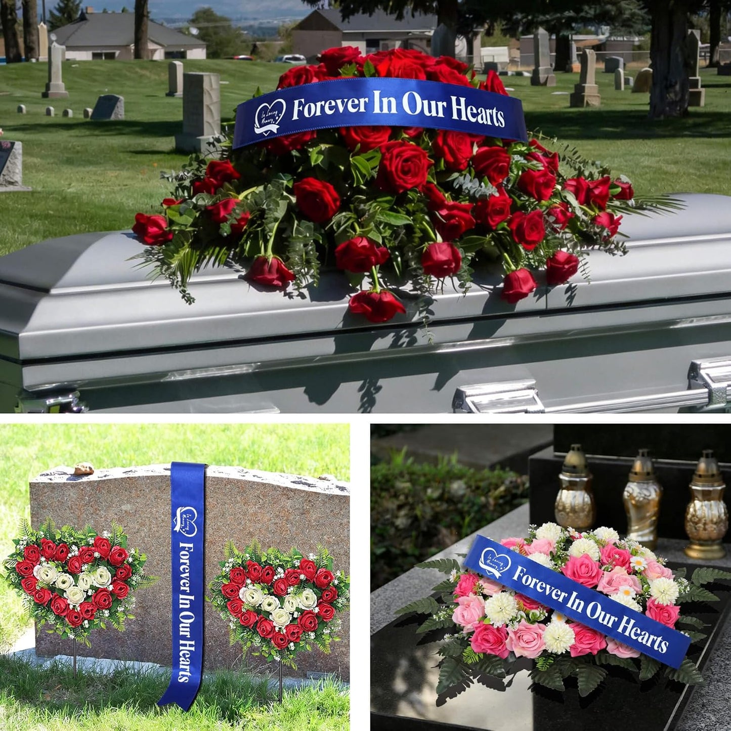 Regine Switzerland Elegant Funeral Wreath Sash - Forever in Our Hearts Memorial Ribbon (Blue)
