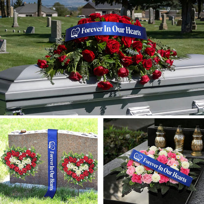 Regine Switzerland Elegant Funeral Wreath Sash - Forever in Our Hearts Memorial Ribbon (Blue)