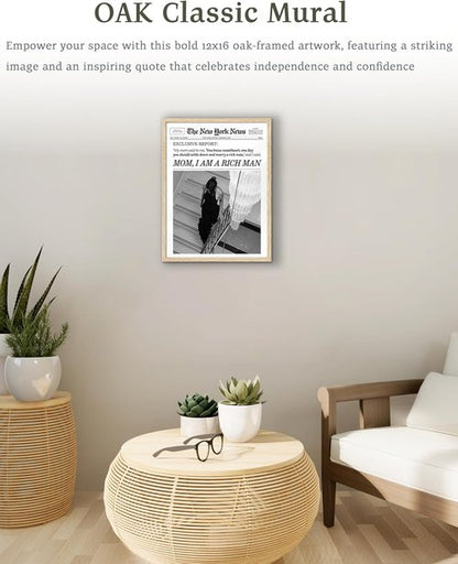 EcoHest Framed Wall Art - Trendy Newspaper Canvas Print | 12x16 in Oak Wood, Beige Logs for Dorm Decor