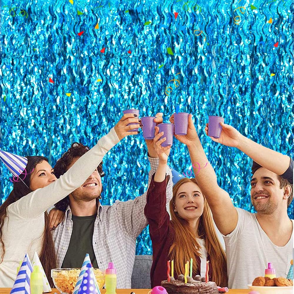 TONIFUL Wavy Metallic Tinsel Foil Fringe Curtains - Teal Blue Backdrop for Parties & Photo Booths (6.6ft x 6.6ft)
