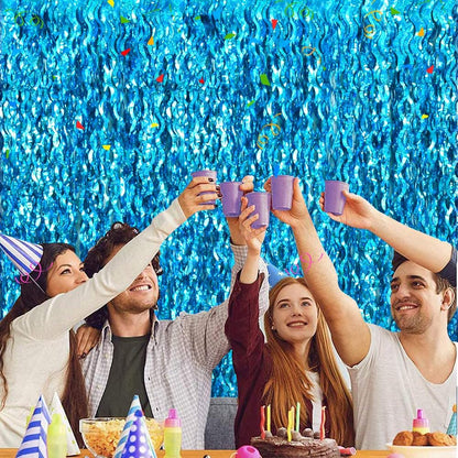 TONIFUL Wavy Metallic Tinsel Foil Fringe Curtains - Teal Blue Backdrop for Parties & Photo Booths (6.6ft x 6.6ft)