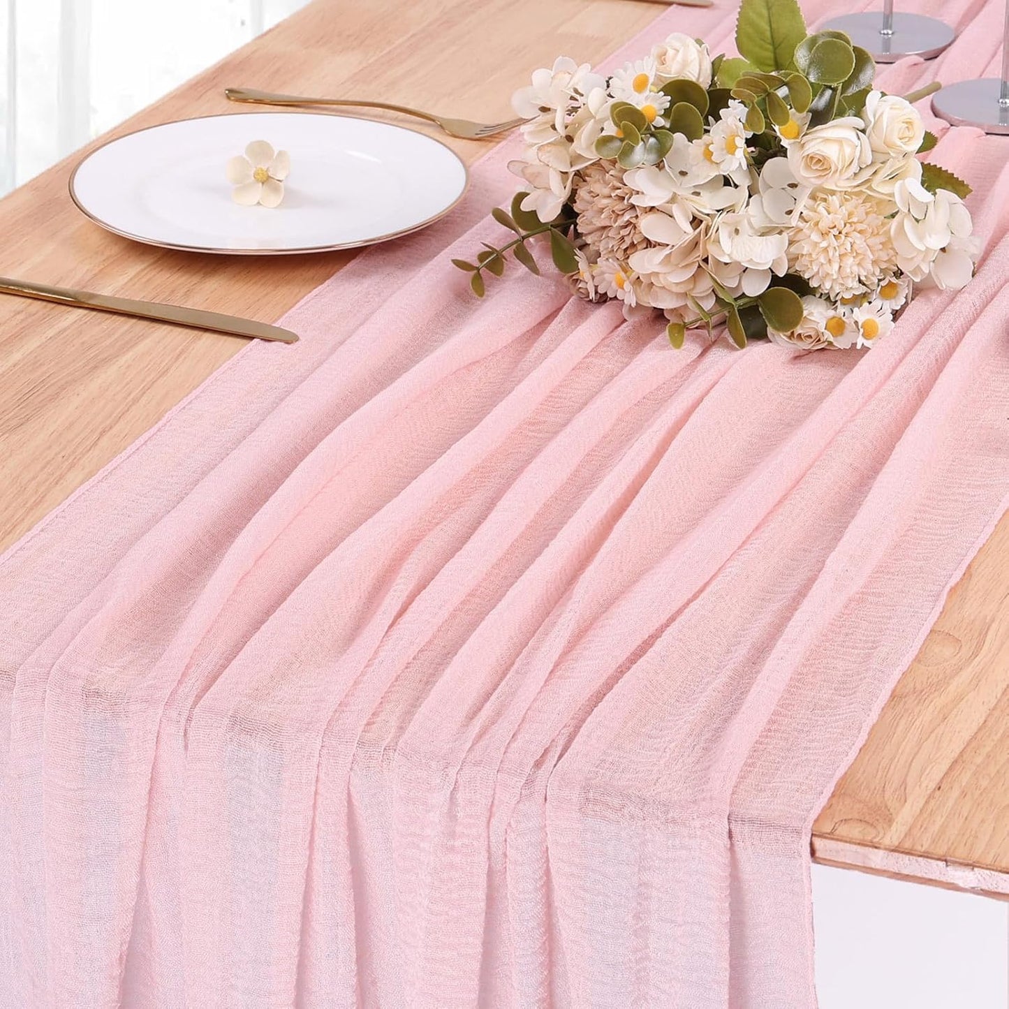 Blushing Pink Cheesecloth Table Runner - 10ft Rustic Gauze for Weddings & Baby Showers | 32x120 Inches