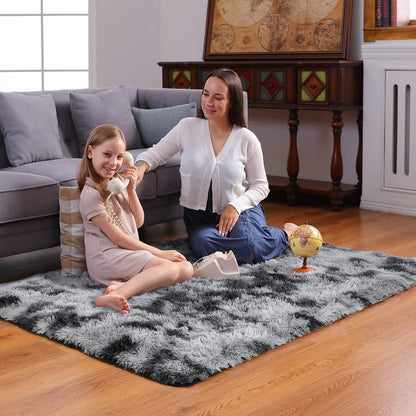 Ophanie Tie-Dyed Black & Grey Area Rug - Fluffy Shag Plush Carpet for Bedroom & Living Room | 4x6 Indoor Decor