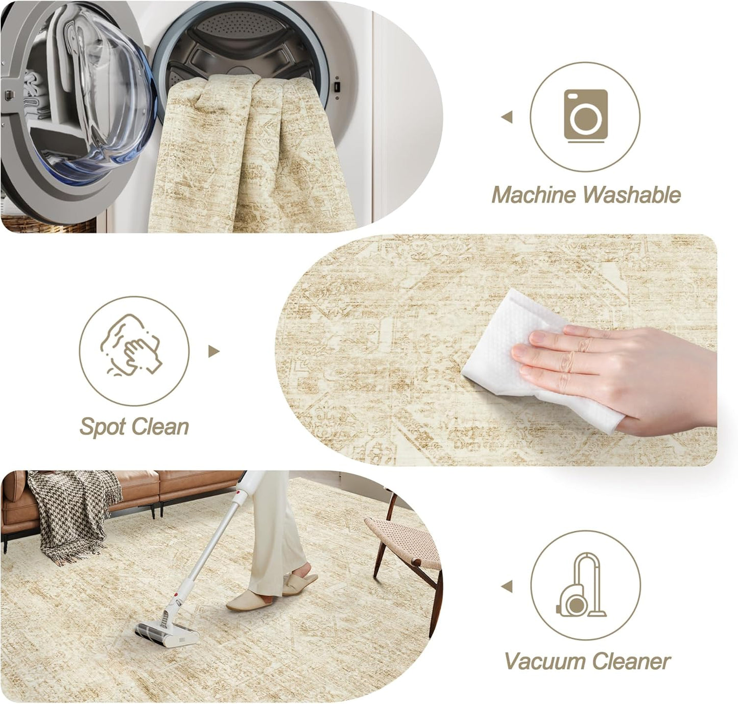 Soalmost Washable Area Rug - Large Vintage Beige 8x10 Soft Non-Slip Rug for Living Room & Bedroom