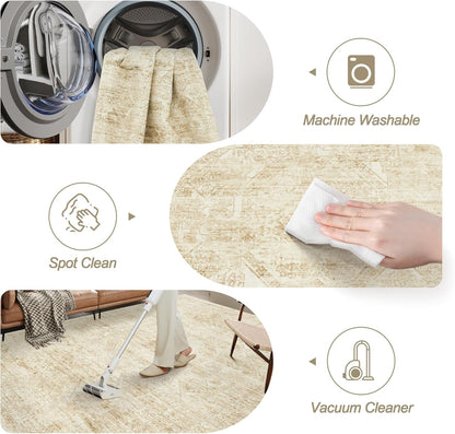 Soalmost Washable Area Rug - Large Vintage Beige 8x10 Soft Non-Slip Rug for Living Room & Bedroom