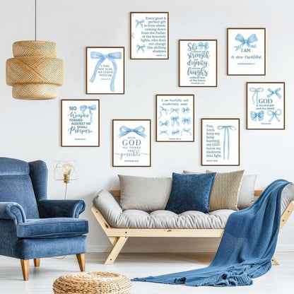 Chiisong Blue Bow Wall Art Decor - 9 Inspirational Bible Verse Poster Prints | 14 x 11'' Unframed for Girly Aesthetic Room