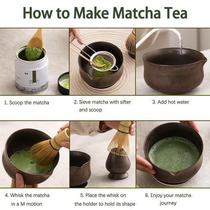 Ochcahser Matcha Whisk Set, Matcha Bowl with Spout and Coaster, Matcha Whisk and Holder, Sifter, Scoop, Spoon, Cleaning Brush - 10 Pcs Complete Ceramic Matcha Kit