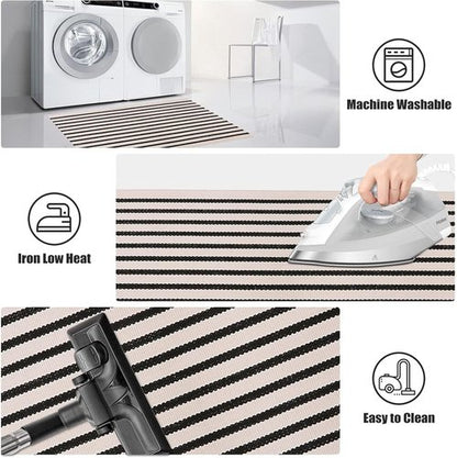 LEEVAN Outdoor Rug Runner - Black and White Striped Cotton Woven Doormat | 2x4 Feet, Washable for Home Use