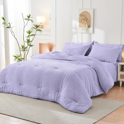 HYMOKEGE Light Purple King Size Comforter Set Seersucker 7 Pieces, All Season Luxury Bed in a Bag for Bedroom, Bedding Set with Comforter, Sheets, Pillowcases & Shams