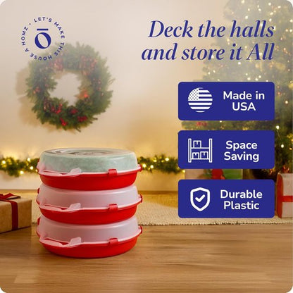 HOMZ 3-Pack Wreath Storage Containers - 24 Inch Clear Plastic Bins with Lids & Handles for Holiday Decor