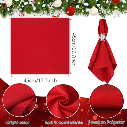 Snowflake & Tree Napkin Ring Set - 16 Pcs Red Cloth Napkins with 8 Metal Rhinestone Rings (Variation: Snowflake, Tree)
