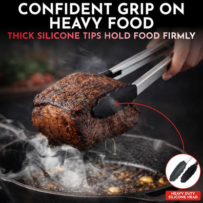 Skiennix Kitchen Tongs Set - Heat Resistant Silicone Tips | 3 Sizes: 7-Inch, 9-Inch, 12-Inch, Black