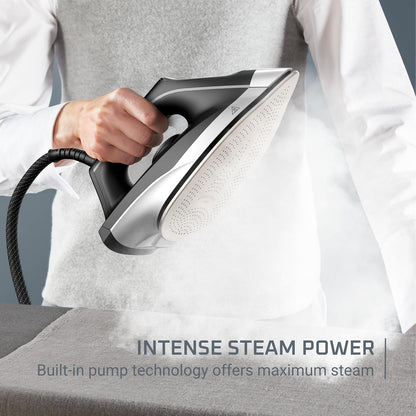 Rowenta Master Steam Station Iron | Professional Clothes Steamer with Stainless Steel Soleplate, 57 Oz, 1750 Watts, Black/Green
