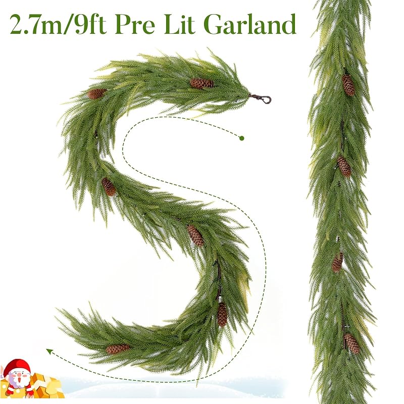 9ft Norfolk Pine Garland with Lights - 40-LED Battery Operated, 8 Modes, Pinecones, Timer - Prelit Christmas Decoration