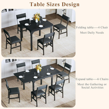 Skiennix 7-Piece Dining Table Set - Extendable Rectangle Table with 6 Cushioned Chairs - Black
