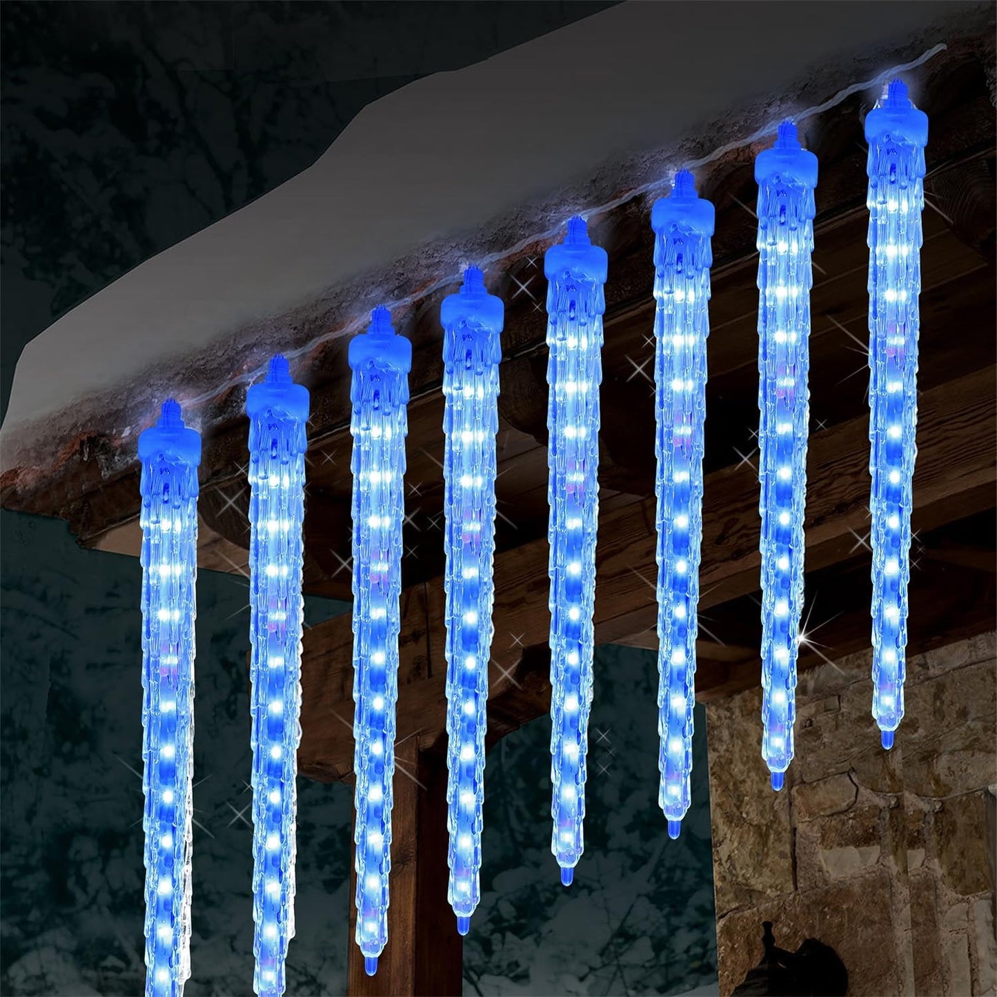 WATERGLIDE 16 Icicles Meteor Shower Lights - 12" Connectable Blue LED Christmas Decor | 384 SMD Crystal Lights